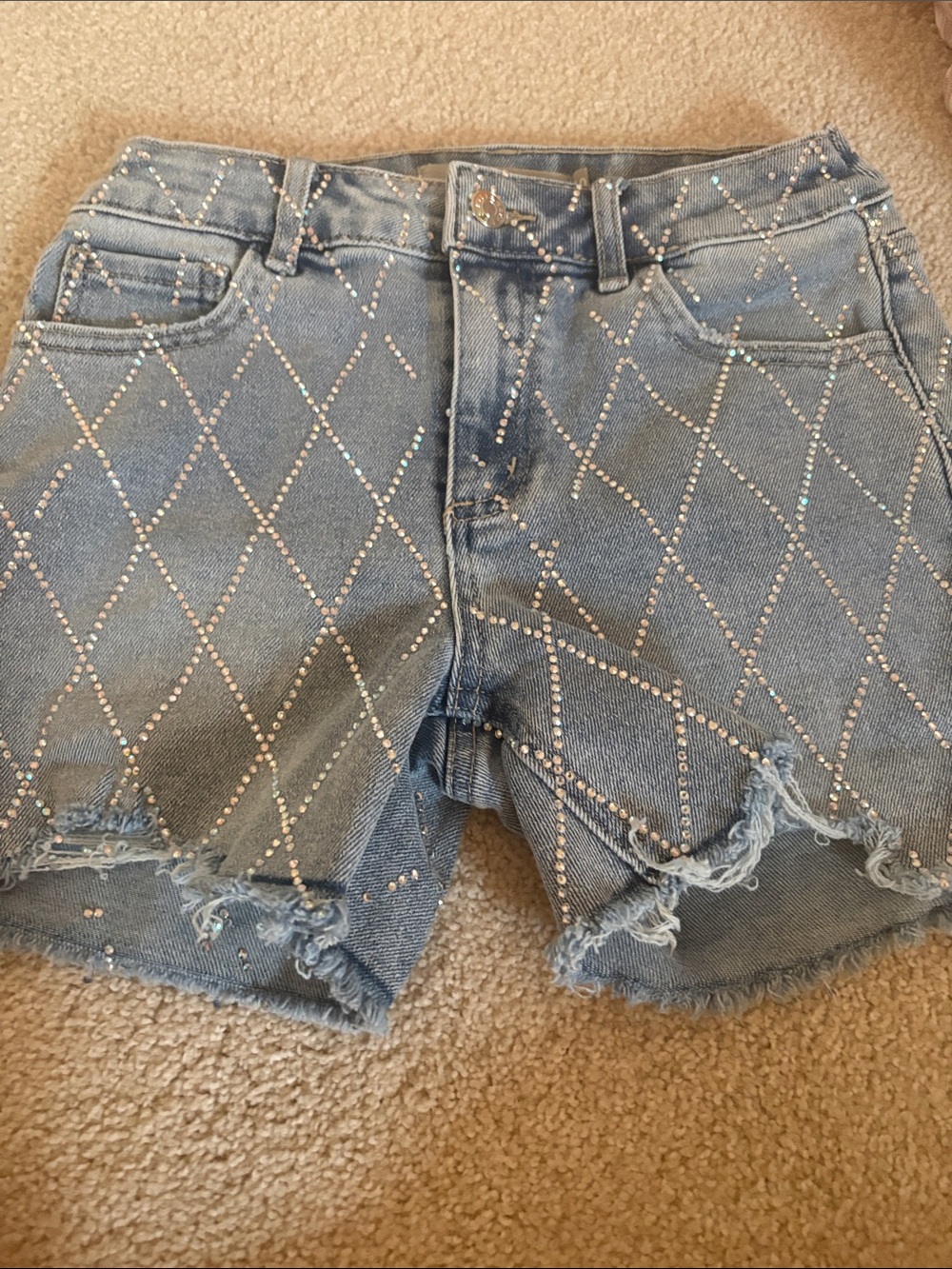 Women's Light Blue Denim Shorts with Rhinestone Diamond Pattern